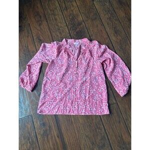 Lilly Pulitzer Womens Elsa Blouse Silk Pink Graphic Sz 6 Long Sleeve Gold Button